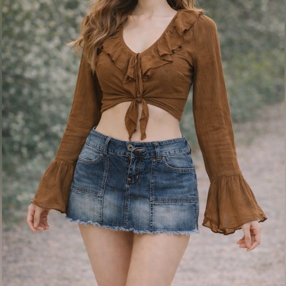EGO Brown Textured Ruffle Tie-Front Crop Top NWT – US 8 – Flowy Bell Sleeve